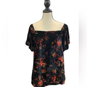 LOFT Black Velvet Floral Blouse Size L romantic goth vamp boho retro